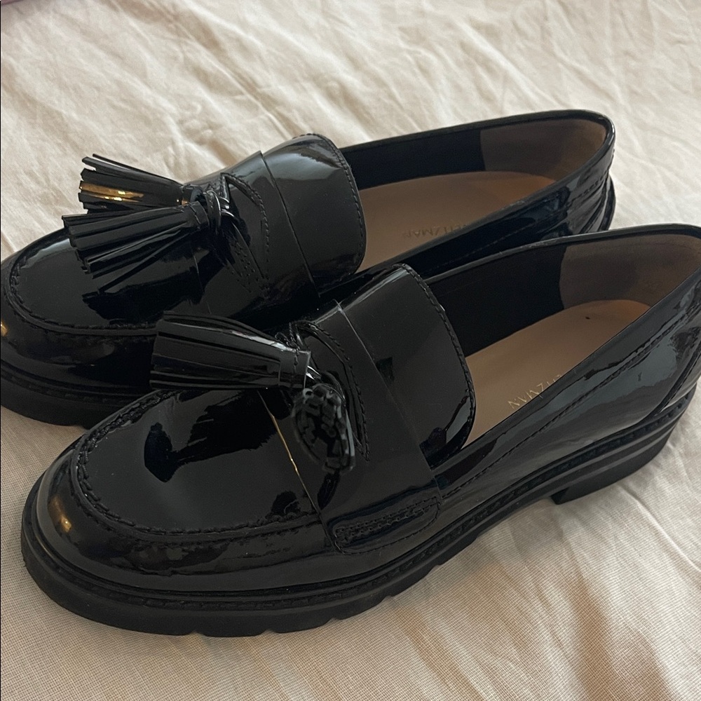 Stuart Weitzman Glossy Black Tassel Loafers